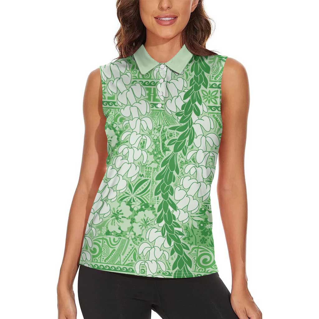 Green Puakenikeni and Maile Lei Women Sleeveless Polo Shirt Hawaiian Style Tribal Tapa Double Strand Lei