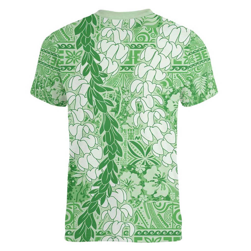 Green Puakenikeni and Maile Lei Women V-Neck T-Shirt Hawaiian Style Tribal Tapa Double Strand Lei