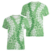 Green Puakenikeni and Maile Lei Women V-Neck T-Shirt Hawaiian Style Tribal Tapa Double Strand Lei