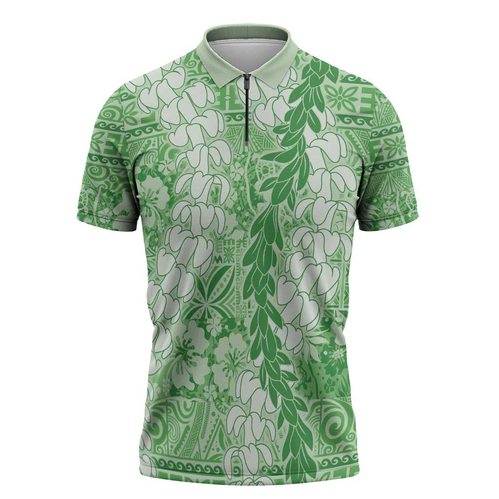 Green Puakenikeni and Maile Lei Zipper Polo Shirt Hawaiian Style Tribal Tapa Double Strand Lei - Polynesian Pride