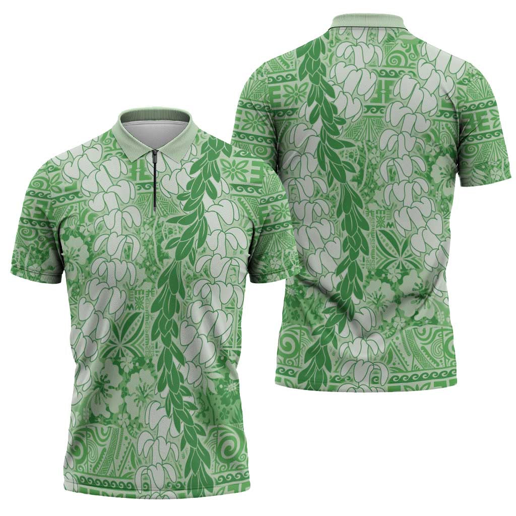 Green Puakenikeni and Maile Lei Zipper Polo Shirt Hawaiian Style Tribal Tapa Double Strand Lei - Polynesian Pride