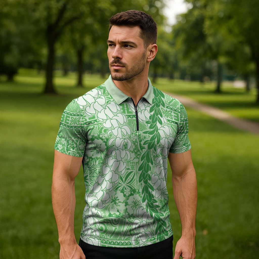 Green Puakenikeni and Maile Lei Zipper Polo Shirt Hawaiian Style Tribal Tapa Double Strand Lei - Polynesian Pride