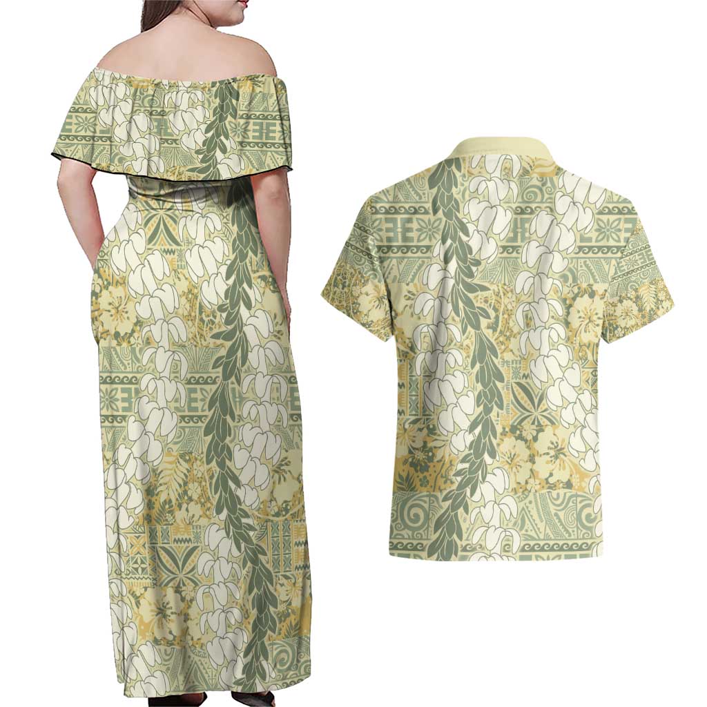 Vintage Puakenikeni and Maile Lei Couples Matching Off Shoulder Maxi Dress and Hawaiian Shirt Hawaiian Style Tribal Tapa Double Strand Lei