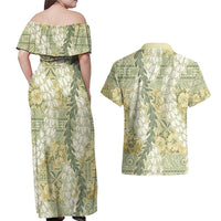 Vintage Puakenikeni and Maile Lei Couples Matching Off Shoulder Maxi Dress and Hawaiian Shirt Hawaiian Style Tribal Tapa Double Strand Lei