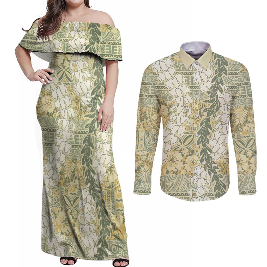 Vintage Puakenikeni and Maile Lei Couples Matching Off Shoulder Maxi Dress and Long Sleeve Button Shirt Hawaiian Style Tribal Tapa Double Strand Lei