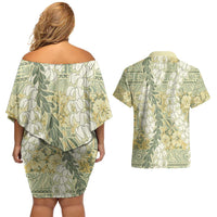 Vintage Puakenikeni and Maile Lei Couples Matching Off Shoulder Short Dress and Hawaiian Shirt Hawaiian Style Tribal Tapa Double Strand Lei