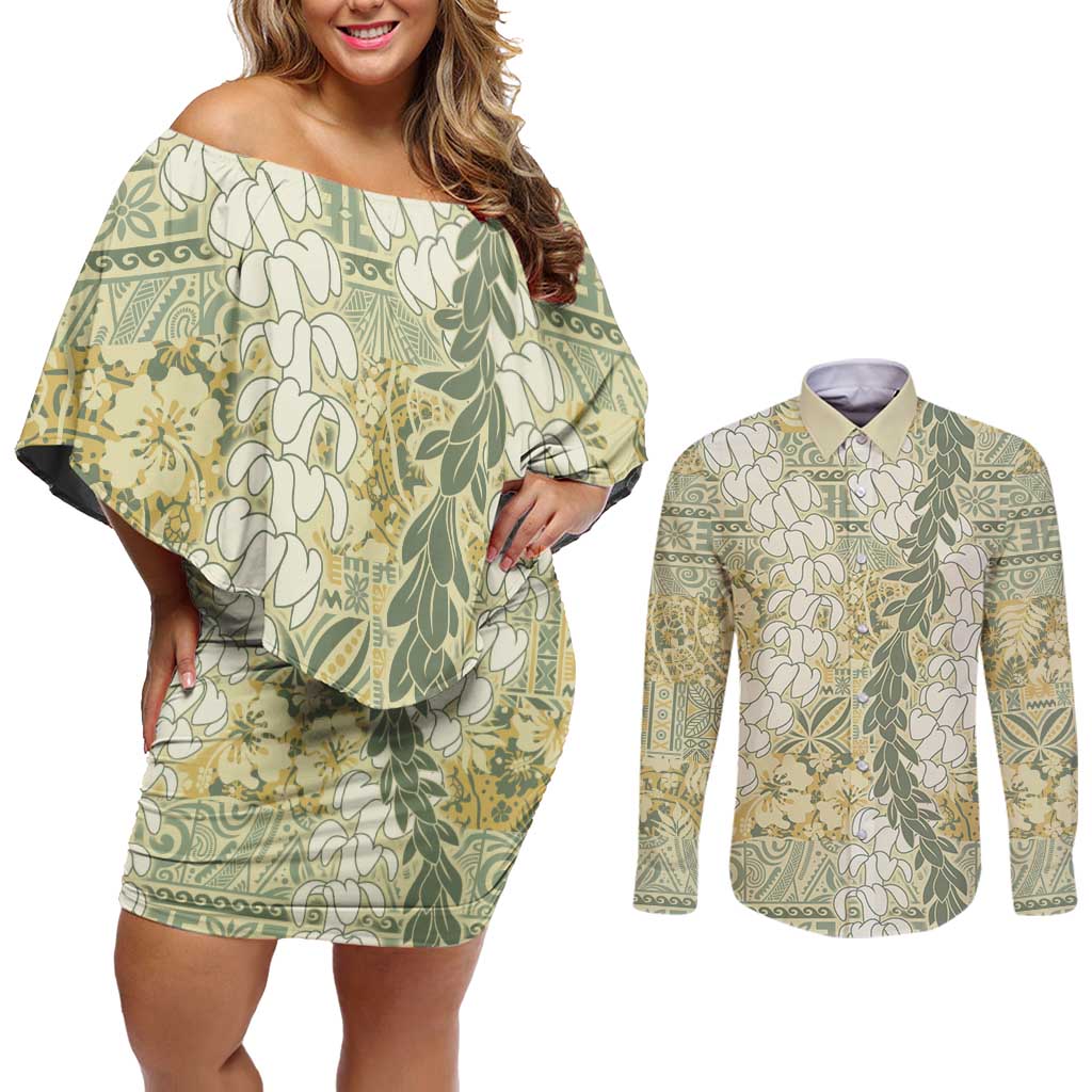 Vintage Puakenikeni and Maile Lei Couples Matching Off Shoulder Short Dress and Long Sleeve Button Shirt Hawaiian Style Tribal Tapa Double Strand Lei