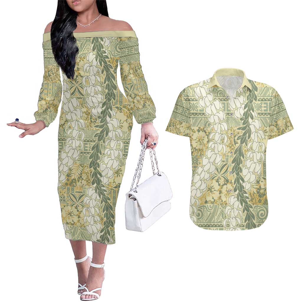 Vintage Puakenikeni and Maile Lei Couples Matching Off The Shoulder Long Sleeve Dress and Hawaiian Shirt Hawaiian Style Tribal Tapa Double Strand Lei
