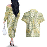 Vintage Puakenikeni and Maile Lei Couples Matching Off The Shoulder Long Sleeve Dress and Hawaiian Shirt Hawaiian Style Tribal Tapa Double Strand Lei