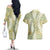 Vintage Puakenikeni and Maile Lei Couples Matching Off The Shoulder Long Sleeve Dress and Hawaiian Shirt Hawaiian Style Tribal Tapa Double Strand Lei