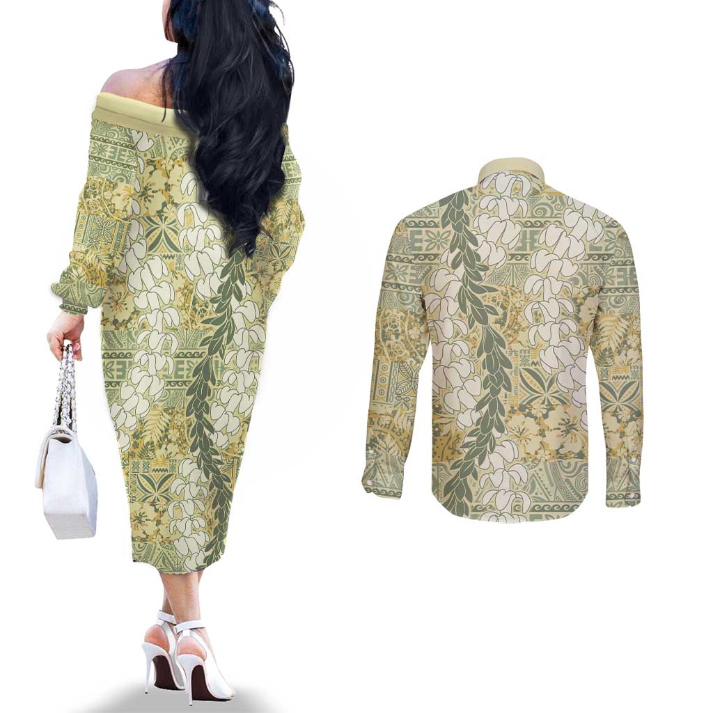 Vintage Puakenikeni and Maile Lei Couples Matching Off The Shoulder Long Sleeve Dress and Long Sleeve Button Shirt Hawaiian Style Tribal Tapa Double Strand Lei