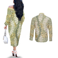 Vintage Puakenikeni and Maile Lei Couples Matching Off The Shoulder Long Sleeve Dress and Long Sleeve Button Shirt Hawaiian Style Tribal Tapa Double Strand Lei