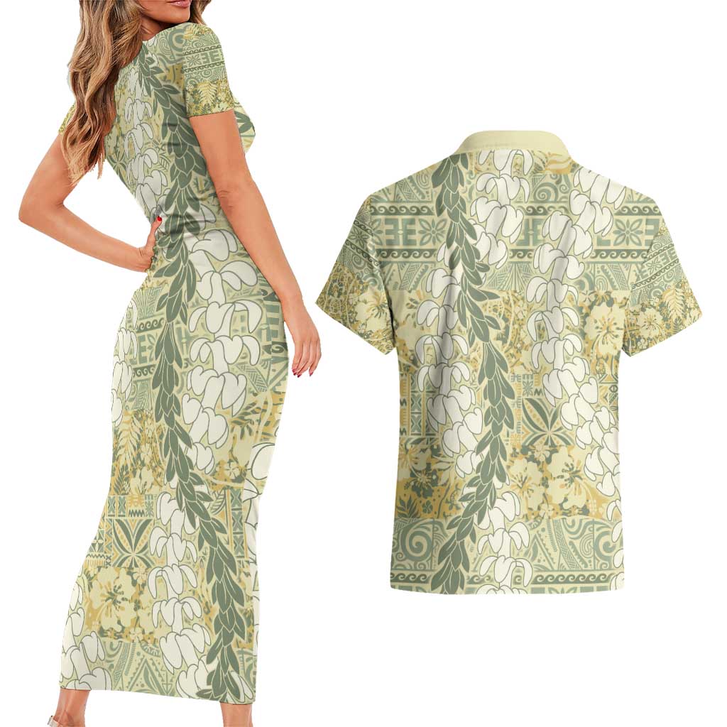 Vintage Puakenikeni and Maile Lei Couples Matching Short Sleeve Bodycon Dress and Hawaiian Shirt Hawaiian Style Tribal Tapa Double Strand Lei