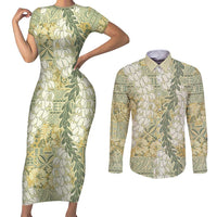 Vintage Puakenikeni and Maile Lei Couples Matching Short Sleeve Bodycon Dress and Long Sleeve Button Shirt Hawaiian Style Tribal Tapa Double Strand Lei