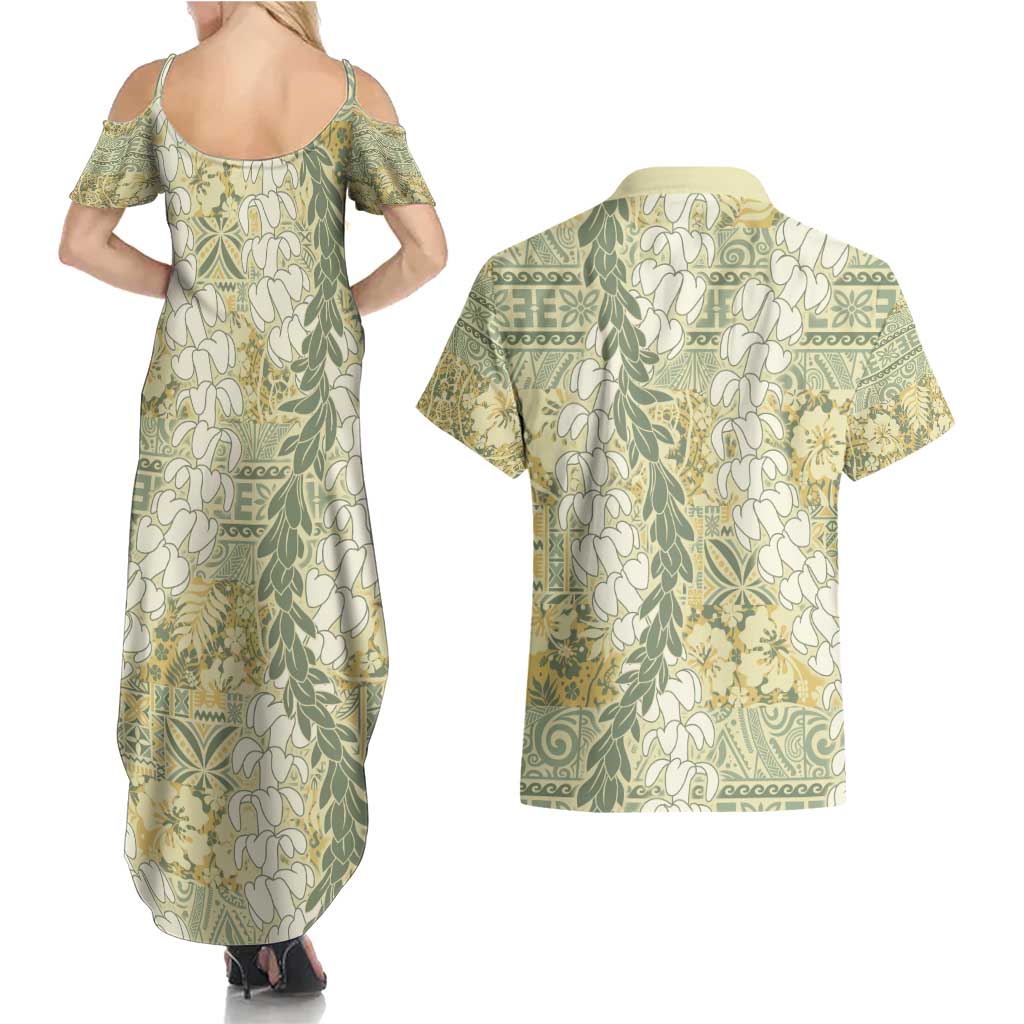 Vintage Puakenikeni and Maile Lei Couples Matching Summer Maxi Dress and Hawaiian Shirt Hawaiian Style Tribal Tapa Double Strand Lei