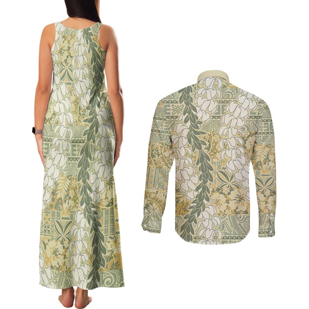 Vintage Puakenikeni and Maile Lei Couples Matching Tank Maxi Dress and Long Sleeve Button Shirt Hawaiian Style Tribal Tapa Double Strand Lei