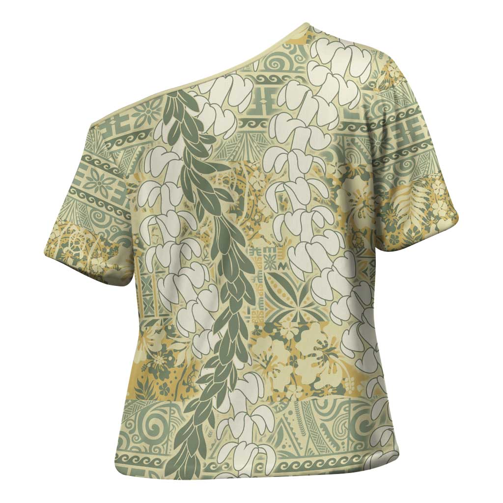Vintage Puakenikeni and Maile Lei Cross Shoulder Shirt Hawaiian Style Tribal Tapa Double Strand Lei - Polynesian Pride