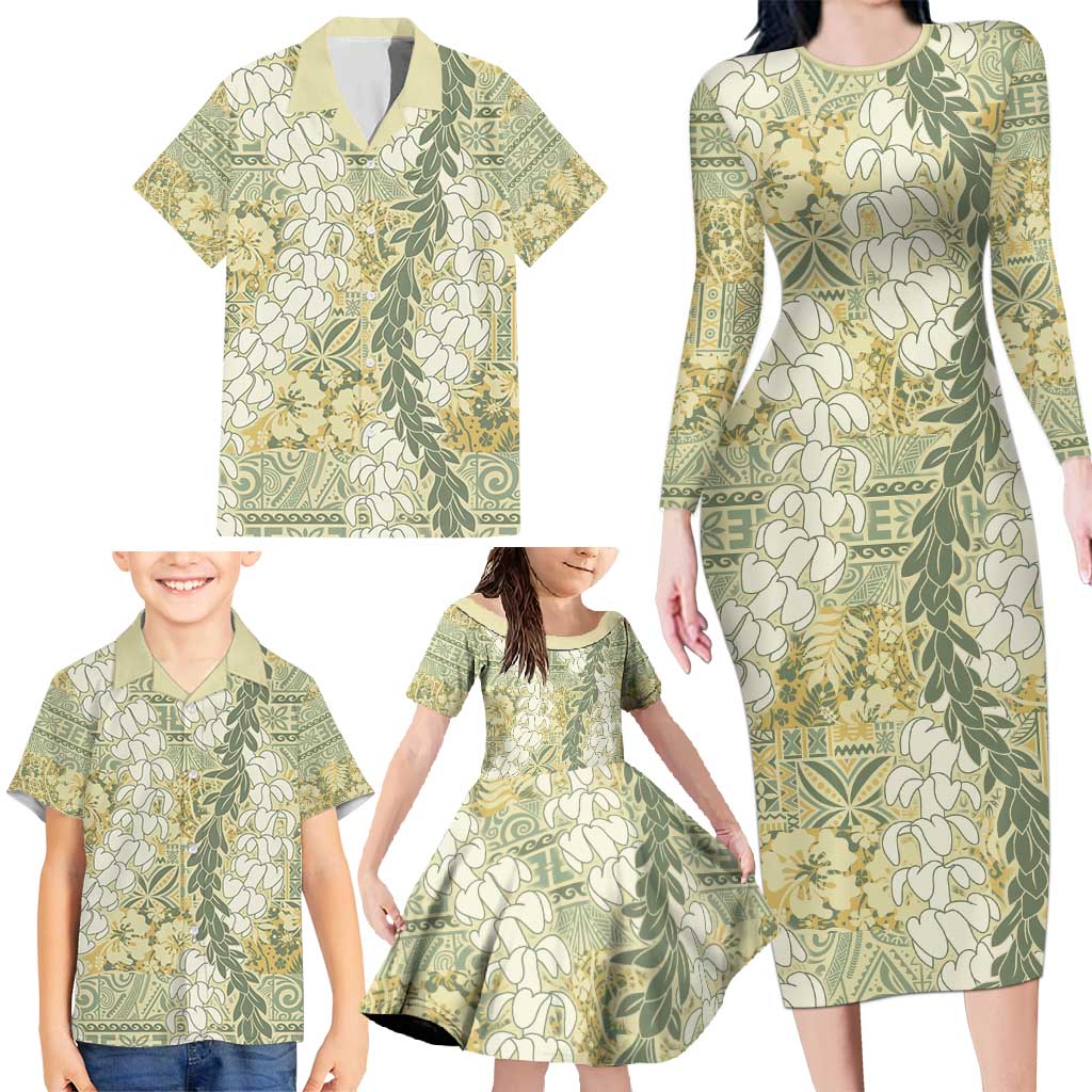 Vintage Puakenikeni and Maile Lei Family Matching Long Sleeve Bodycon Dress and Hawaiian Shirt Hawaiian Style Tribal Tapa Double Strand Lei LT9 - Polynesian Pride