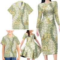 Vintage Puakenikeni and Maile Lei Family Matching Long Sleeve Bodycon Dress and Hawaiian Shirt Hawaiian Style Tribal Tapa Double Strand Lei