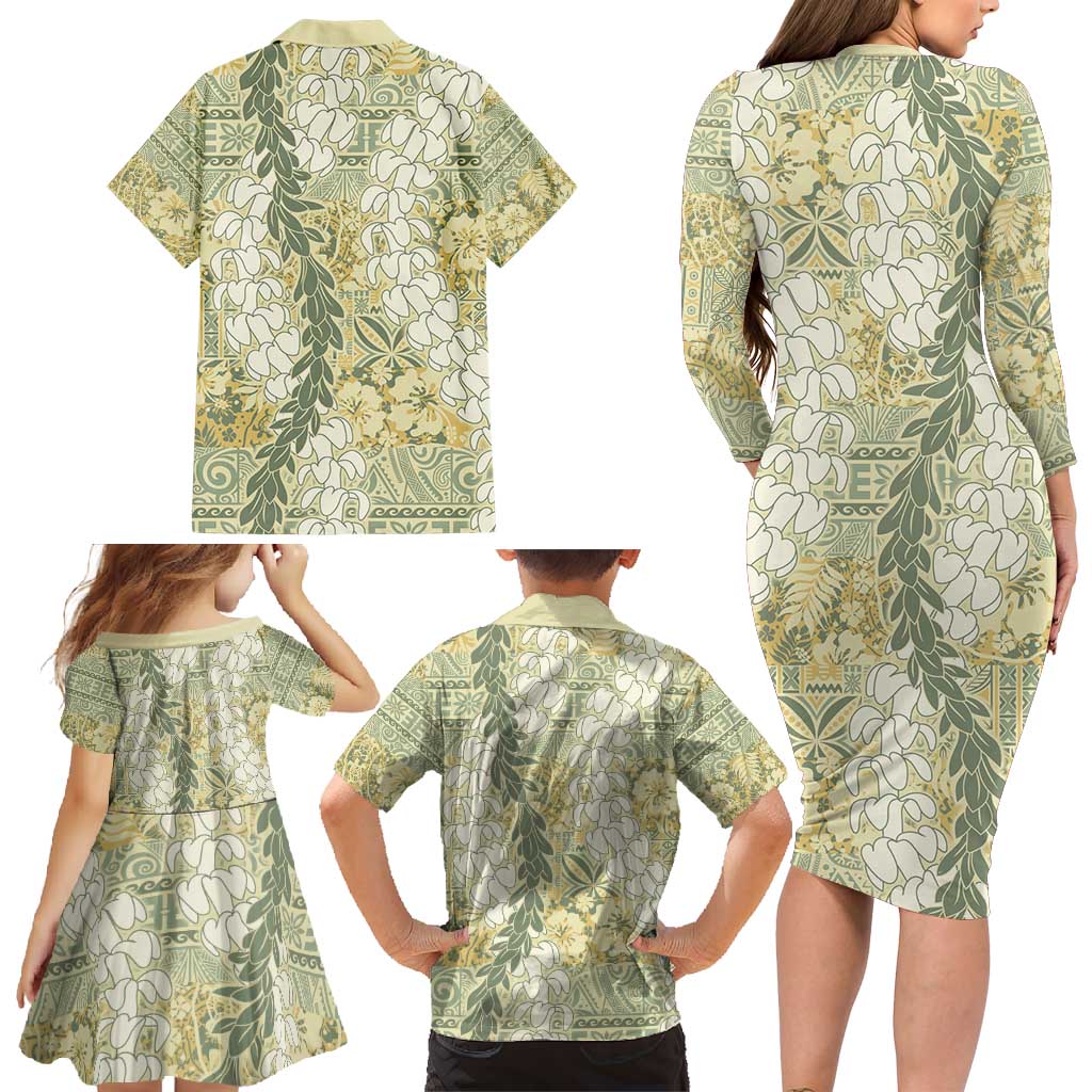 Vintage Puakenikeni and Maile Lei Family Matching Long Sleeve Bodycon Dress and Hawaiian Shirt Hawaiian Style Tribal Tapa Double Strand Lei