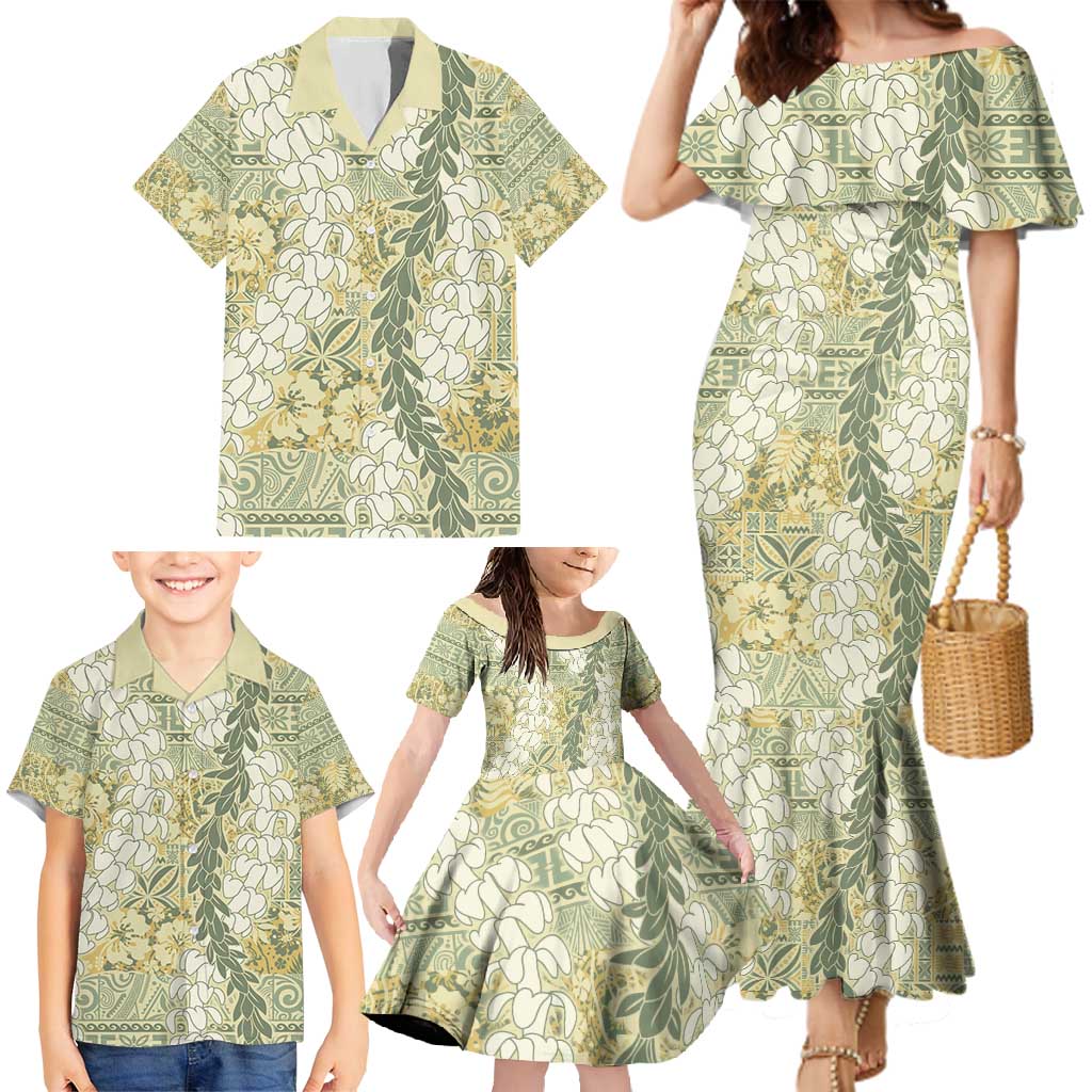 Vintage Puakenikeni and Maile Lei Family Matching Mermaid Dress and Hawaiian Shirt Hawaiian Style Tribal Tapa Double Strand Lei
