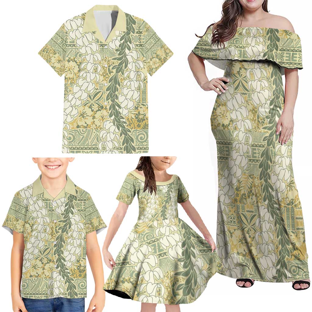 Vintage Puakenikeni and Maile Lei Family Matching Off Shoulder Maxi Dress and Hawaiian Shirt Hawaiian Style Tribal Tapa Double Strand Lei LT9 - Polynesian Pride