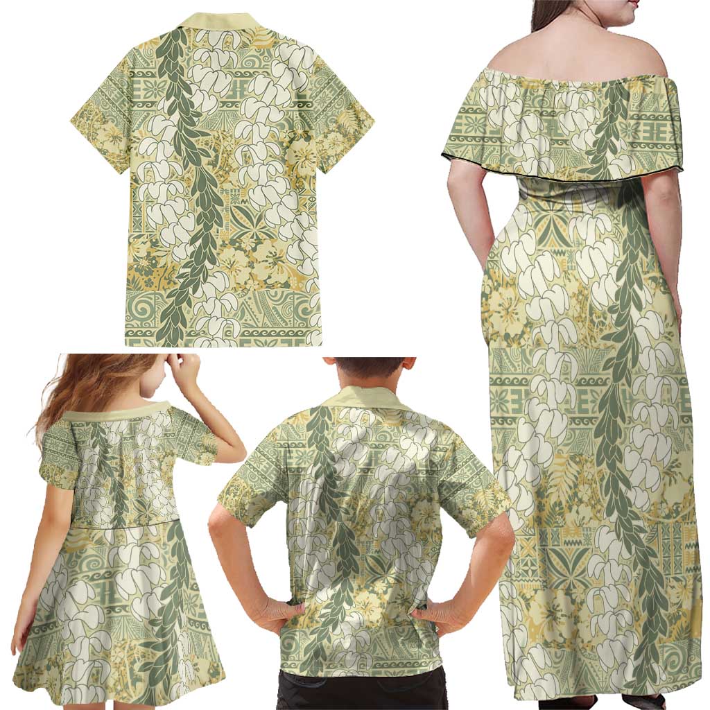Vintage Puakenikeni and Maile Lei Family Matching Off Shoulder Maxi Dress and Hawaiian Shirt Hawaiian Style Tribal Tapa Double Strand Lei