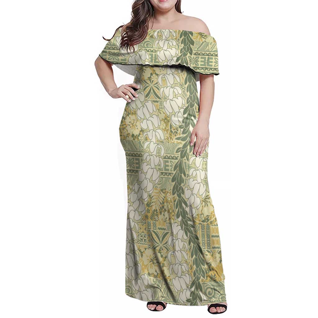 Vintage Puakenikeni and Maile Lei Family Matching Off Shoulder Maxi Dress and Hawaiian Shirt Hawaiian Style Tribal Tapa Double Strand Lei