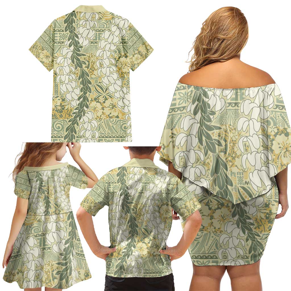 Vintage Puakenikeni and Maile Lei Family Matching Off Shoulder Short Dress and Hawaiian Shirt Hawaiian Style Tribal Tapa Double Strand Lei