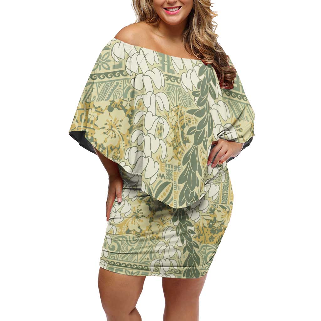 Vintage Puakenikeni and Maile Lei Family Matching Off Shoulder Short Dress and Hawaiian Shirt Hawaiian Style Tribal Tapa Double Strand Lei