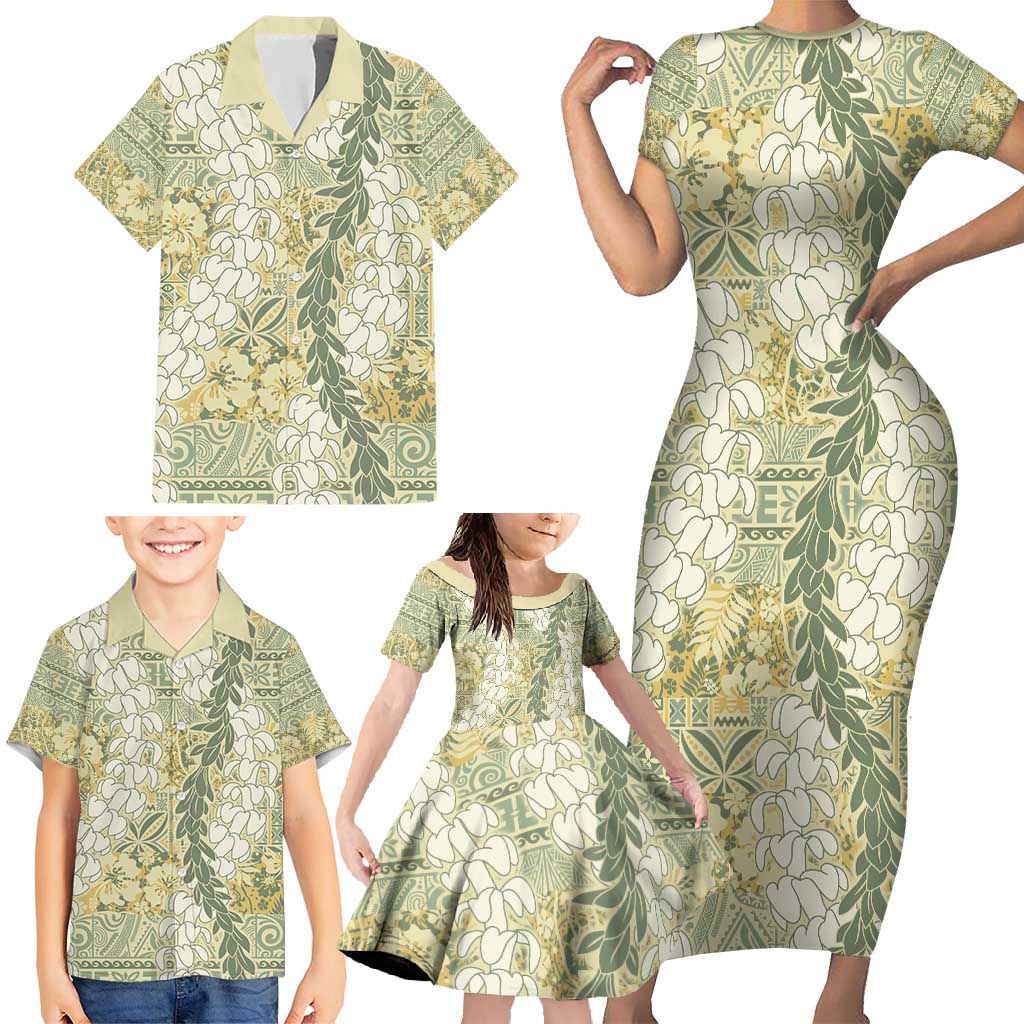 Vintage Puakenikeni and Maile Lei Family Matching Short Sleeve Bodycon Dress and Hawaiian Shirt Hawaiian Style Tribal Tapa Double Strand Lei LT9 - Polynesian Pride