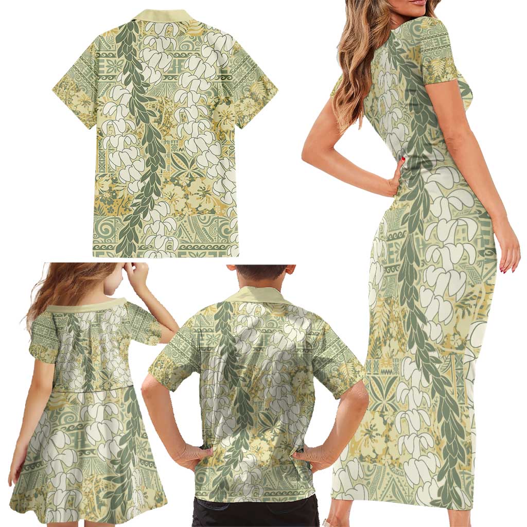 Vintage Puakenikeni and Maile Lei Family Matching Short Sleeve Bodycon Dress and Hawaiian Shirt Hawaiian Style Tribal Tapa Double Strand Lei