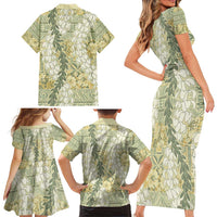 Vintage Puakenikeni and Maile Lei Family Matching Short Sleeve Bodycon Dress and Hawaiian Shirt Hawaiian Style Tribal Tapa Double Strand Lei