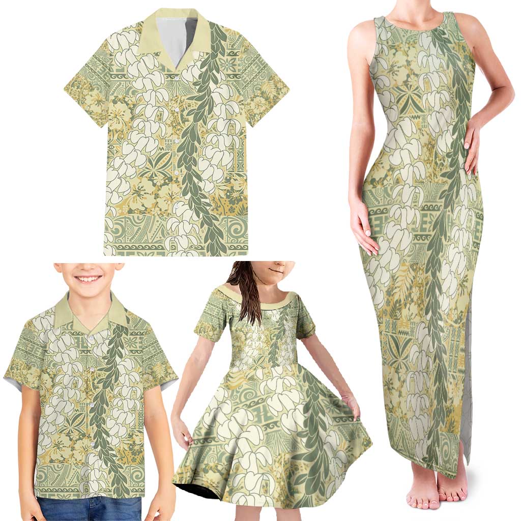 Vintage Puakenikeni and Maile Lei Family Matching Tank Maxi Dress and Hawaiian Shirt Hawaiian Style Tribal Tapa Double Strand Lei
