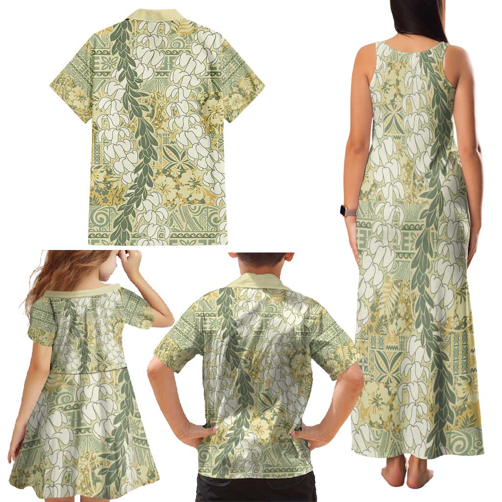 Vintage Puakenikeni and Maile Lei Family Matching Tank Maxi Dress and Hawaiian Shirt Hawaiian Style Tribal Tapa Double Strand Lei