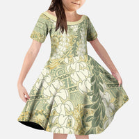Vintage Puakenikeni and Maile Lei Kid Short Sleeve Dress Hawaiian Style Tribal Tapa Double Strand Lei