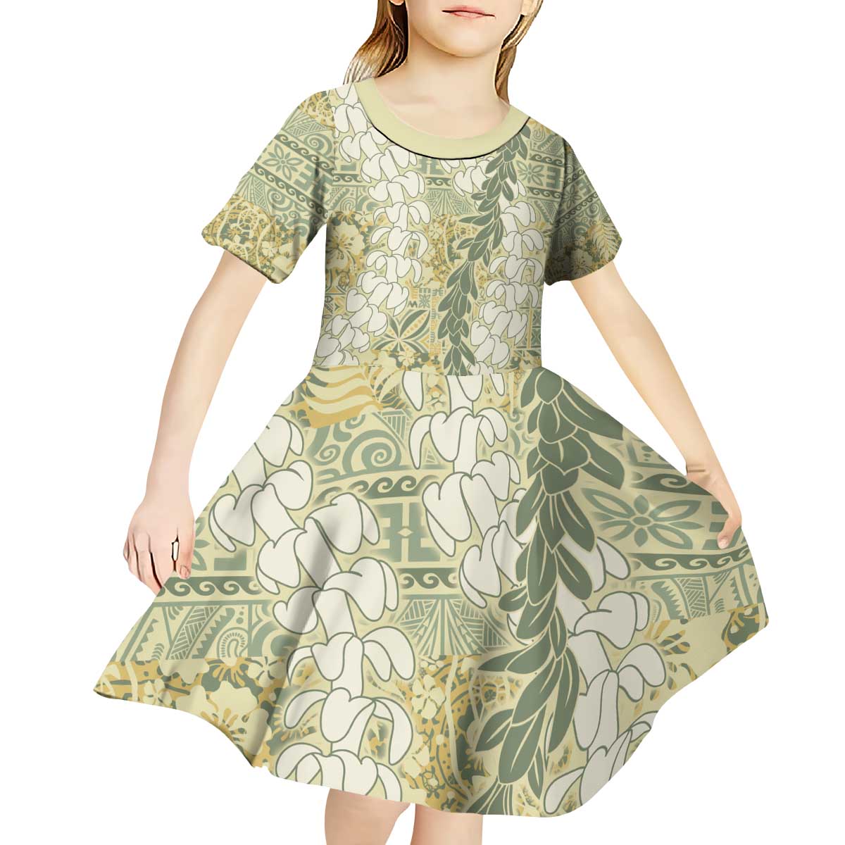 Vintage Puakenikeni and Maile Lei Kid Short Sleeve Dress Hawaiian Style Tribal Tapa Double Strand Lei