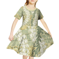 Vintage Puakenikeni and Maile Lei Kid Short Sleeve Dress Hawaiian Style Tribal Tapa Double Strand Lei