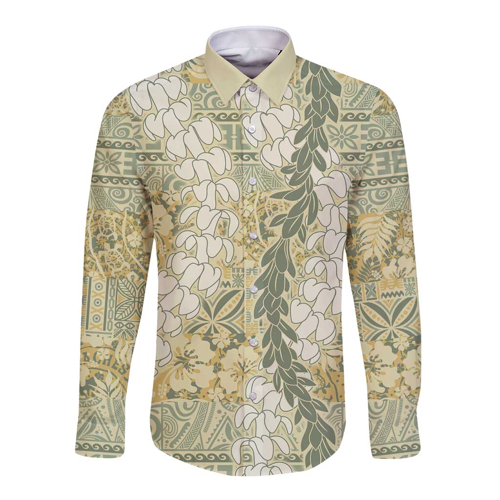 Vintage Puakenikeni and Maile Lei Long Sleeve Button Shirt Hawaiian Style Tribal Tapa Double Strand Lei
