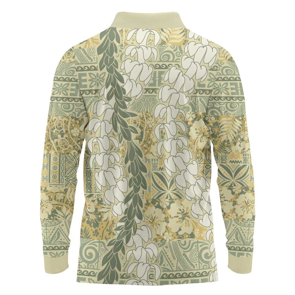 Vintage Puakenikeni and Maile Lei Long Sleeve Polo Shirt Hawaiian Style Tribal Tapa Double Strand Lei