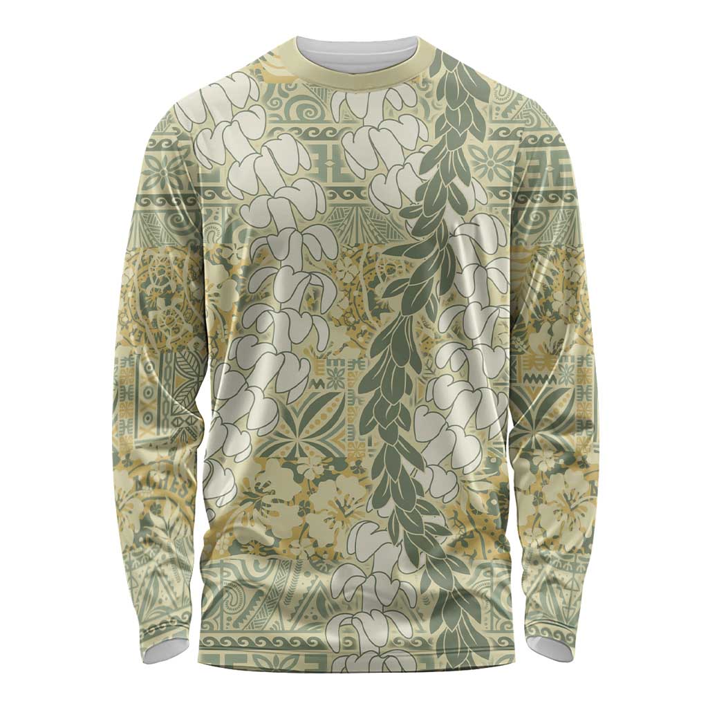 Vintage Puakenikeni and Maile Lei Long Sleeve Shirt Hawaiian Style Tribal Tapa Double Strand Lei