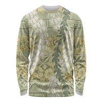 Vintage Puakenikeni and Maile Lei Long Sleeve Shirt Hawaiian Style Tribal Tapa Double Strand Lei