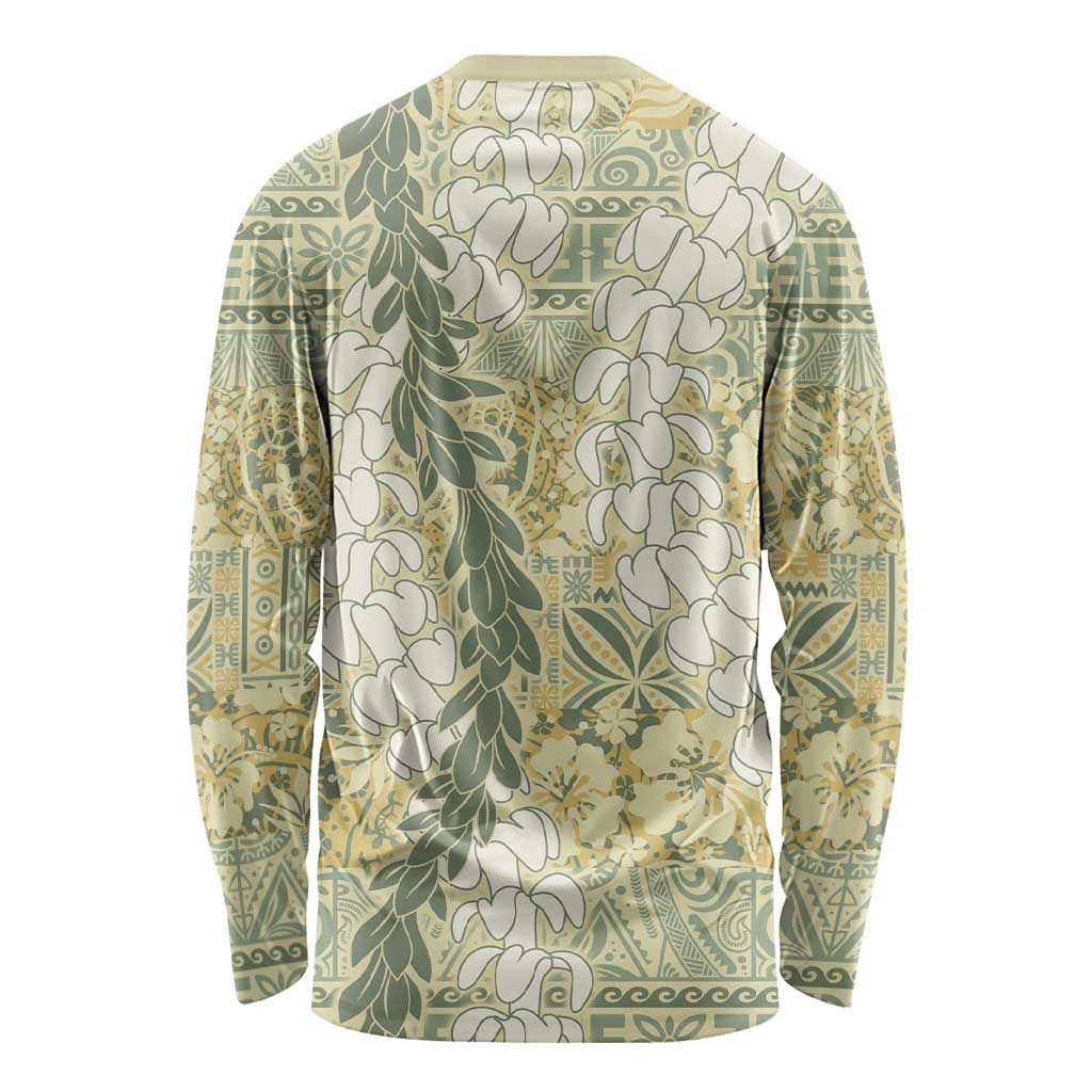 Vintage Puakenikeni and Maile Lei Long Sleeve Shirt Hawaiian Style Tribal Tapa Double Strand Lei