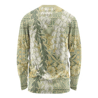Vintage Puakenikeni and Maile Lei Long Sleeve Shirt Hawaiian Style Tribal Tapa Double Strand Lei