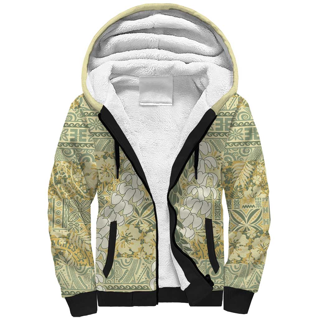 Vintage Puakenikeni and Maile Lei Sherpa Hoodie Hawaiian Style Tribal Tapa Double Strand Lei