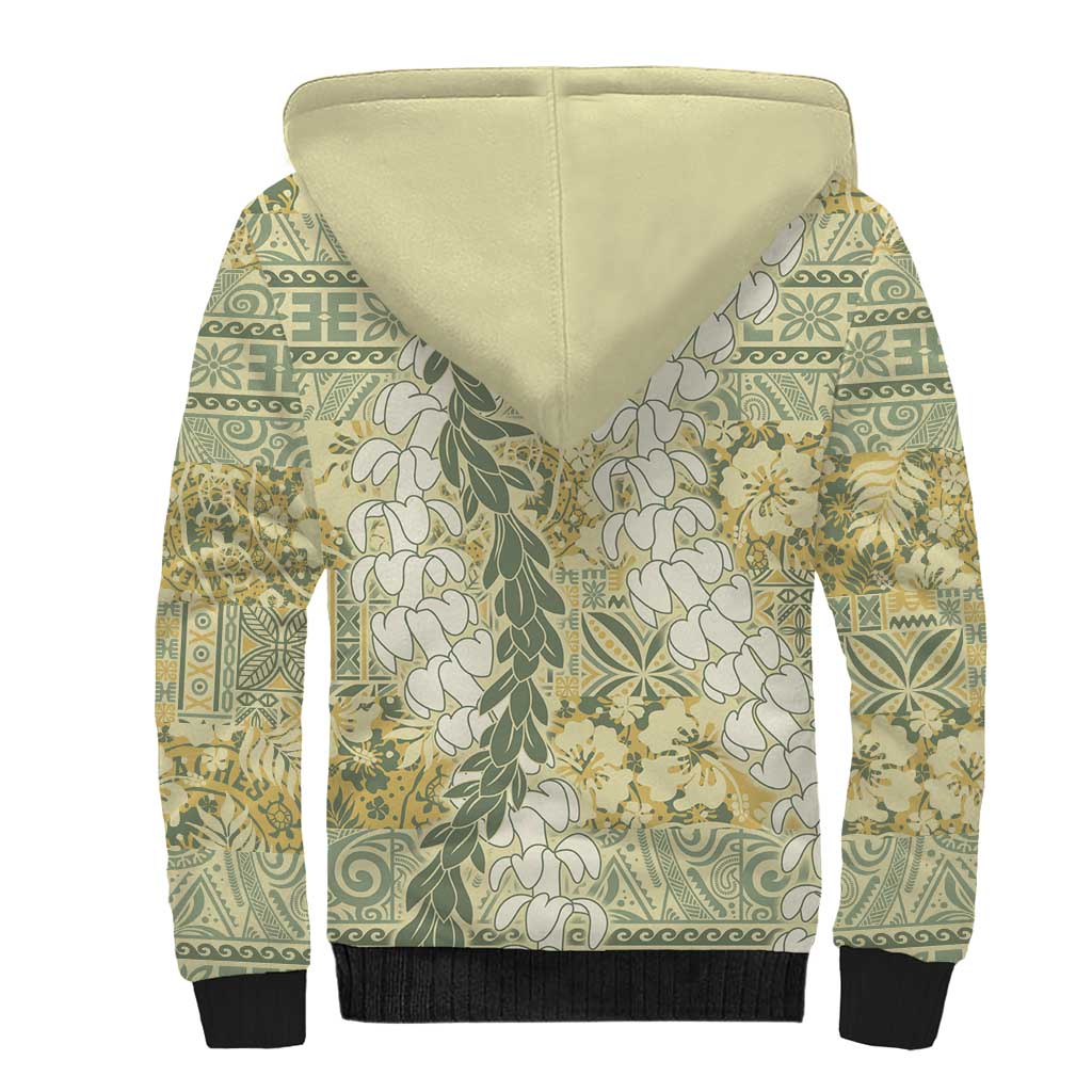 Vintage Puakenikeni and Maile Lei Sherpa Hoodie Hawaiian Style Tribal Tapa Double Strand Lei