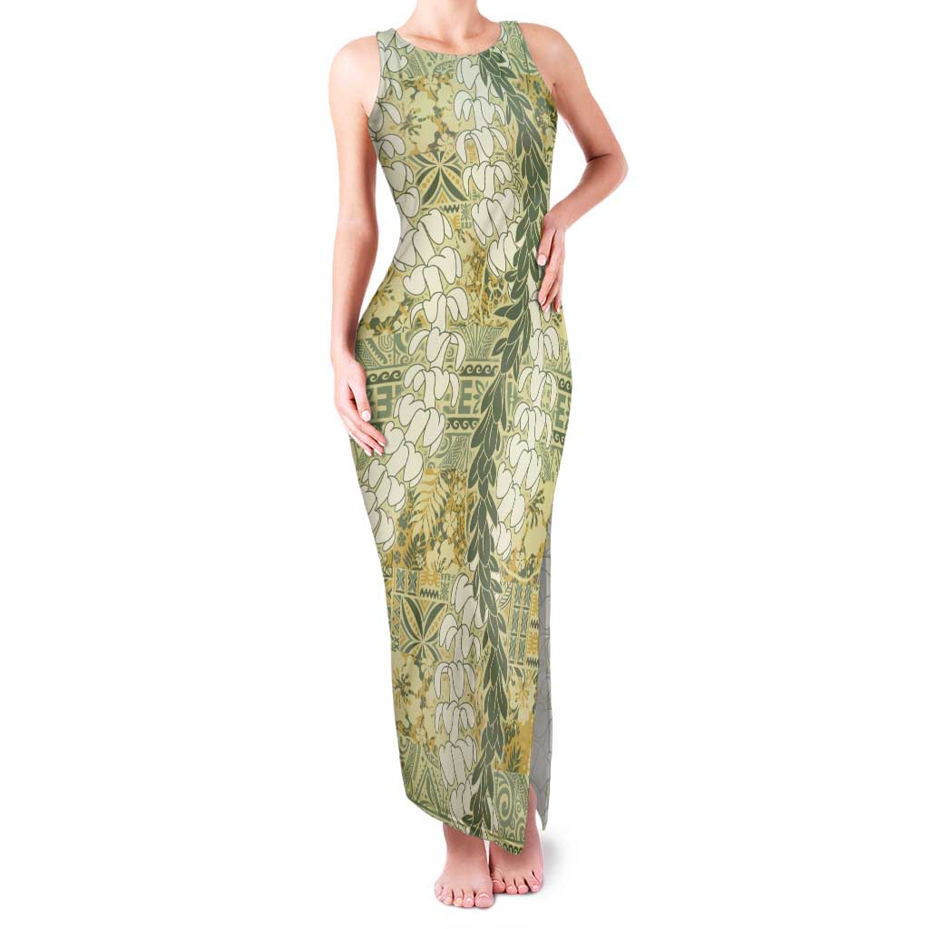 Vintage Puakenikeni and Maile Lei Tank Maxi Dress Hawaiian Style Tribal Tapa Double Strand Lei