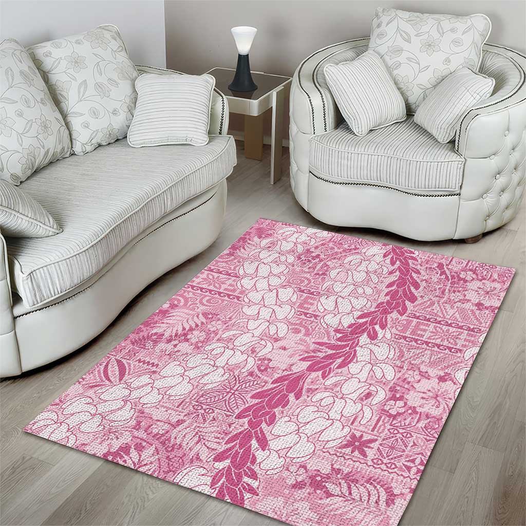 Pink Puakenikeni and Maile Lei Area Rug Hawaiian Style Tribal Tapa Double Strand Lei