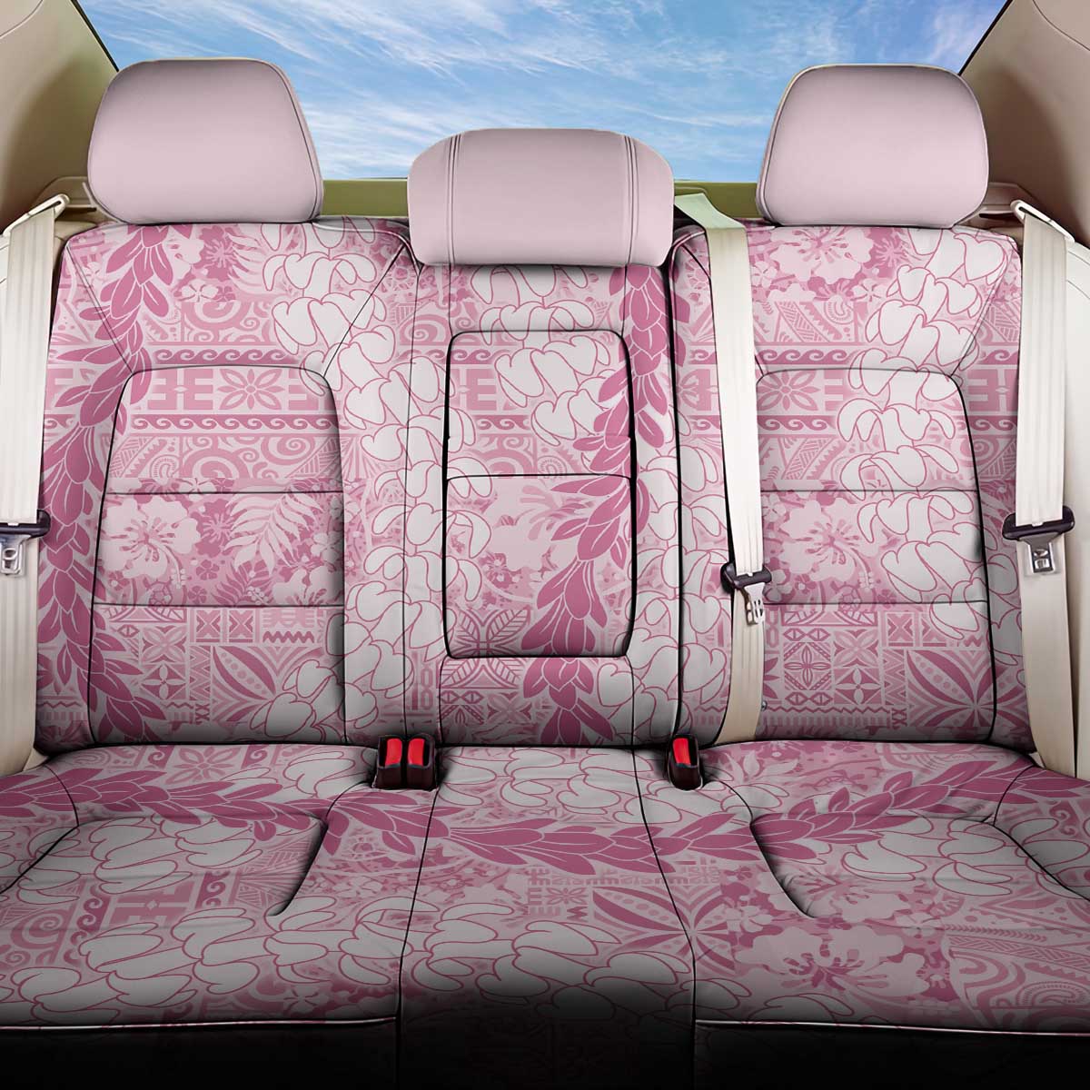 Pink Puakenikeni and Maile Lei Back Car Seat Cover Hawaiian Style Tribal Tapa Double Strand Lei