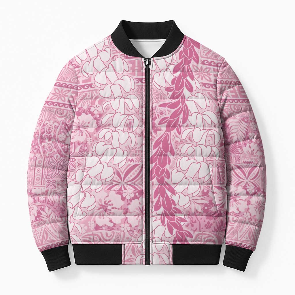 Pink Puakenikeni and Maile Lei Bomber Puffer Jacket Hawaiian Style Tribal Tapa Double Strand Lei LT9 Unisex Pink - Polynesian Pride